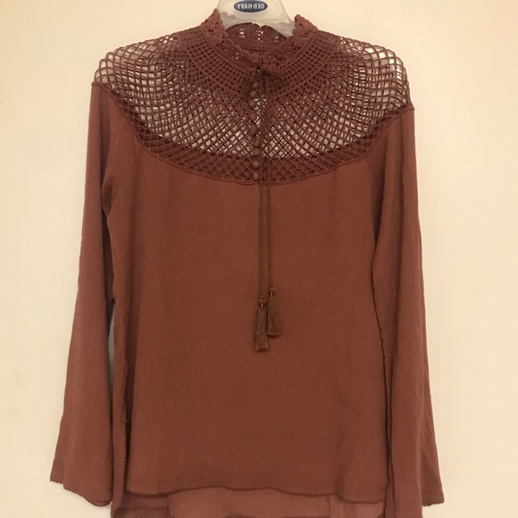 Free People Tops - Free People Bohemian Brown  small bell sleeve button and tie at neck
